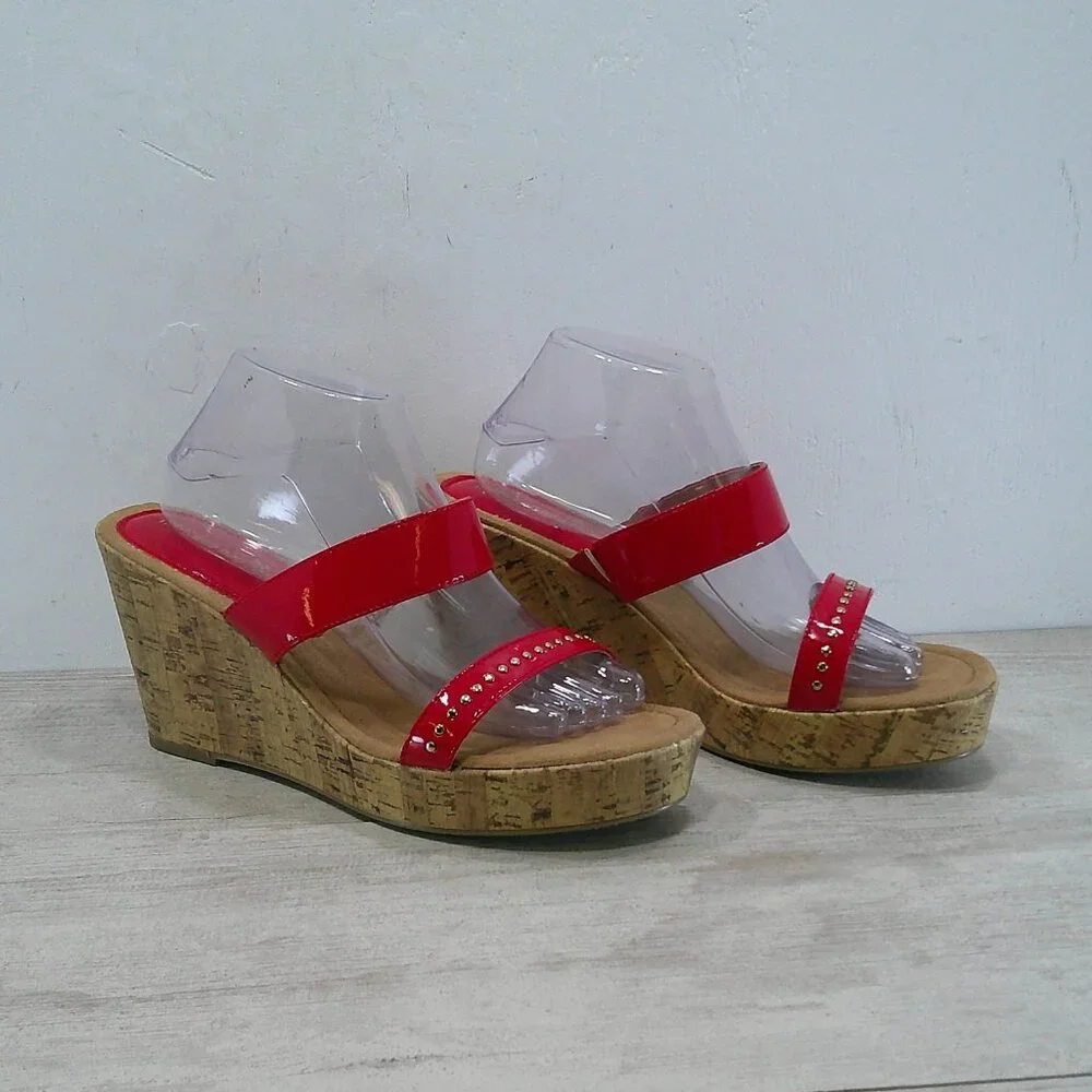 Montego Bay Club Sexy Cherry Red Platform Studded Open Toe Wedge Size 11W | Wide